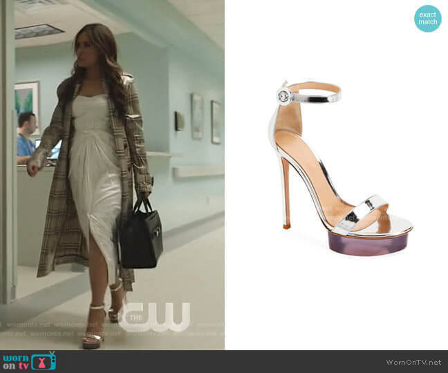 Metallic Metal Rubber Sandals by Gianvito Rossi worn by Cristal Jennings (Daniella Alonso) on Dynasty
