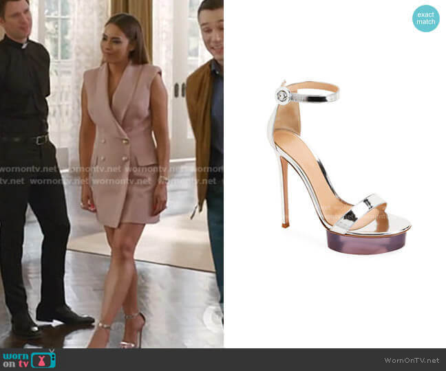 Metallic Metal Rubber Sandals by Gianvito Rossi worn by Cristal Jennings (Daniella Alonso) on Dynasty