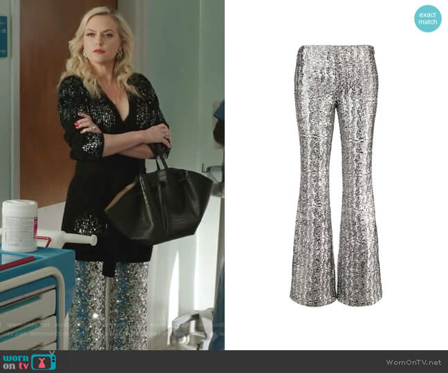 Glitter Effect Flared Trousers by Michael Kors Collection worn by Alexis Carrington (Elaine Hendrix) on Dynasty