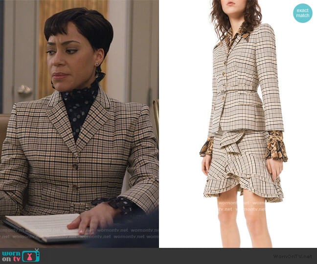 Fitted Plaid Stretch-Wool Blazer by Michael Kors worn by Lucca Quinn (Cush Jumbo) on The Good Fight