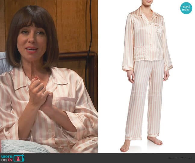 Ruthie Petal Stripe Pajama Top and Pants by Morgan Lane worn by Elizabeth (Natasha Leggero) on Broke