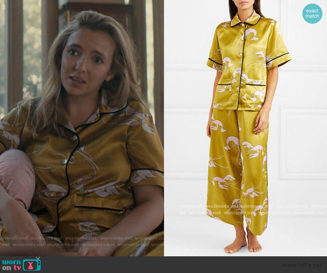 Daria Printed Silk Pajamas by Olivia Von Halle worn by Villanelle (Jodie Comer) on Killing Eve