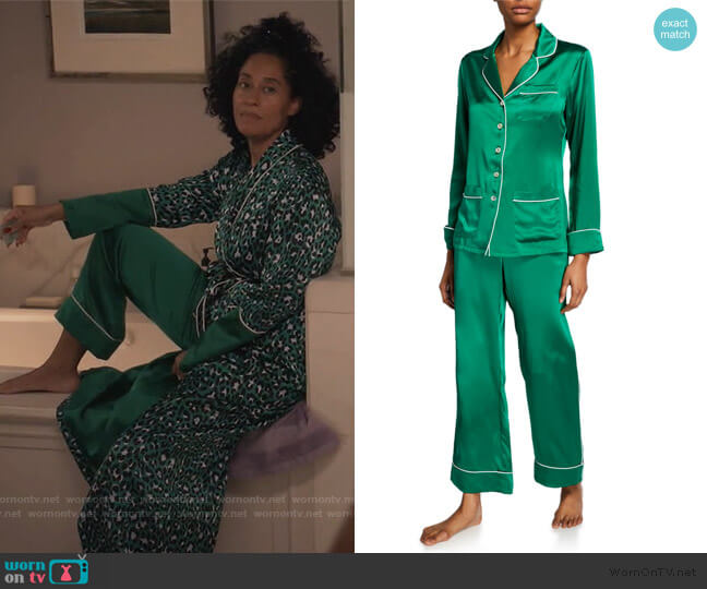 Coco Lagoon Classic Silk Pajama Set by Olivia Von Halle worn by Rainbow Johnson (Tracee Ellis Ross) on Black-ish