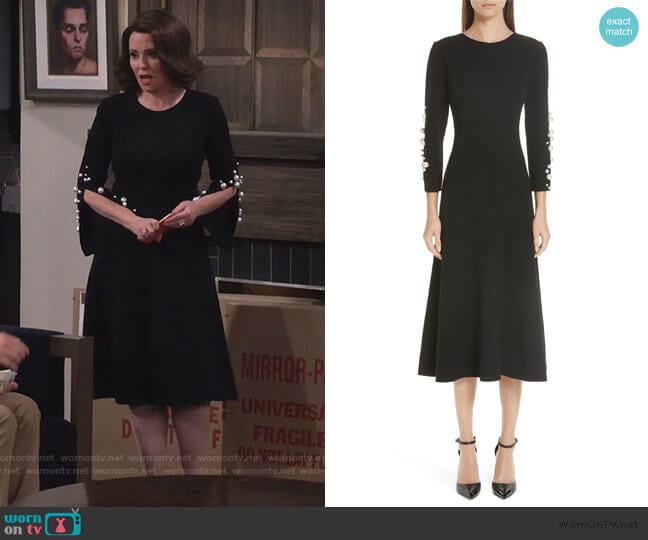 Imitation Pearl Embellished Stretch Wool Crepe Dress by Oscar de la Renta worn by Karen Walker (Megan Mullally) on Will and Grace