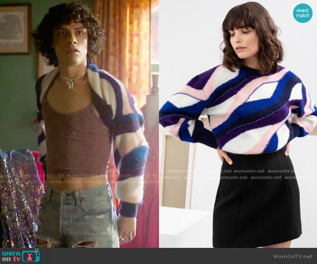 & Other Stories Embellished Colour Wave Sweater  worn by Jorge Lopez (Jonny Beauchamp) on Katy Keene