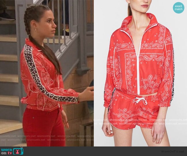 Red Paisley Leopard-Stripe Track Jacket by Pam & Gela worn by Tess O'Malley (Sky Katz) on Ravens Home