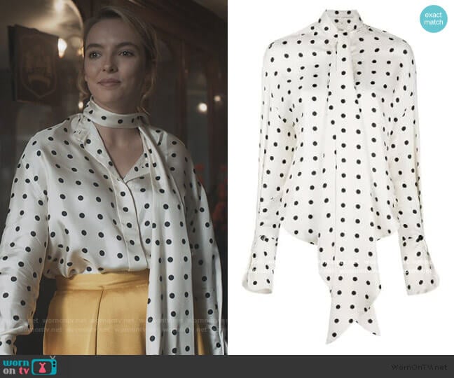 Polka Dot Beverly Shirt by Petar Petrov worn by Villanelle (Jodie Comer) on Killing Eve