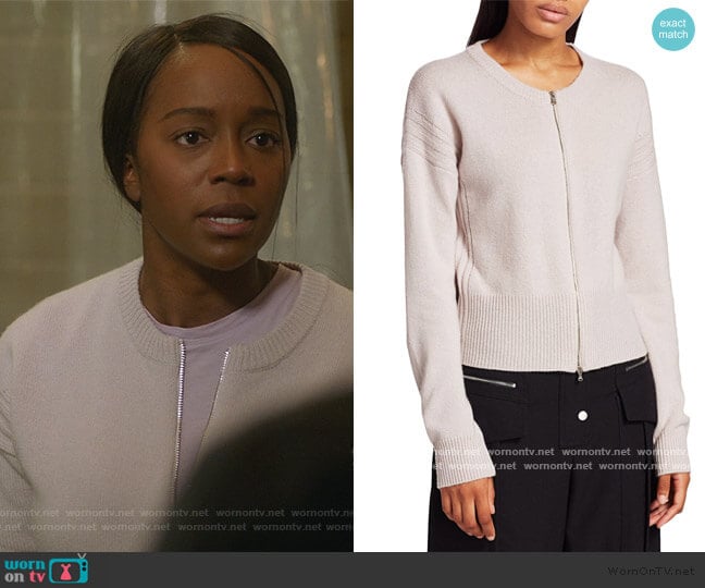 Michaela’s white zip front cardigan on How to Get Away with Murder