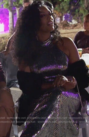 Porsha's silver metallic halter dress on The Real Housewives of Atlanta