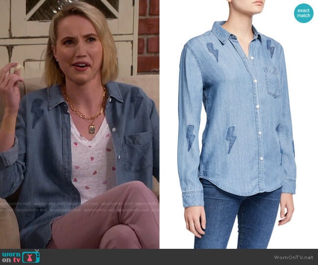 WornOnTV: Mandy’s watermelon print tee and bolt print chambray shirt on ...