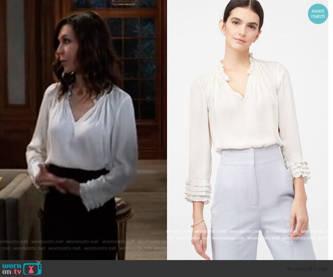 La Chemise Georgette Ruffle Blouse by Rebecca Taylor worn by Anna Devane (Finola Hughes) on General Hospital