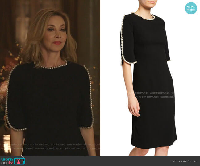 Pearl Trimmed Sheath Dress by Rickie Freeman for Teri Jon worn by Laura Van Kirk (Sharon Lawrence) on Dynasty