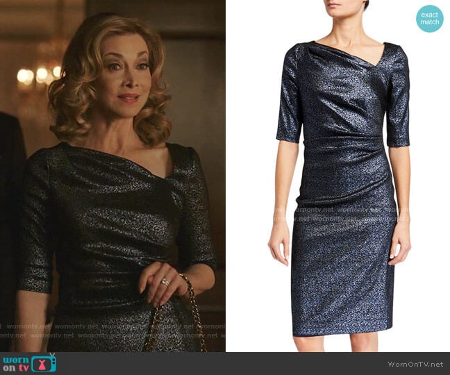 Metallic Tucked Bodice Dress by Rickie Freeman for Teri Jon worn by Laura Van Kirk (Sharon Lawrence) on Dynasty