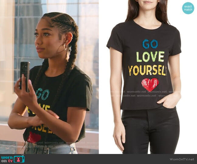 Rylyn Go Love Yourself Sparkle Tee by Alice + Olivia worn by Drea Barris (Iman Benson) on BlackAF