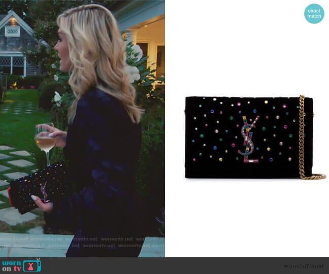 Black Kate Crystal Embellished Velvet Chain Bag by Saint Laurent worn by Tinsley Mortimer on The Real Housewives of New York City