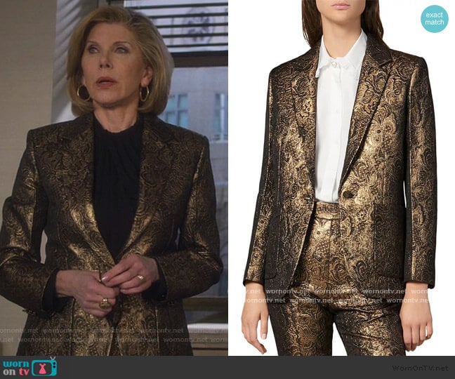 Floral Brocade Notch Lapel Blazer and Pants by Sandro worn by Diane Lockhart (Christine Baranski) on The Good Fight