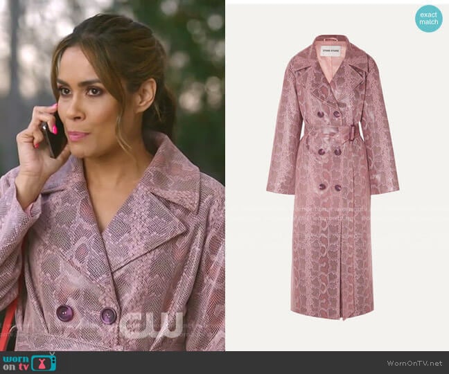 Snake-Effect Coated Vegan Leather Trench Coat by Stand Studio worn by Cristal Jennings (Daniella Alonso) on Dynasty