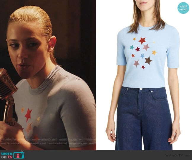 Lunar Star Appliqué Short Sleeve Sweater by Staud worn by Betty Cooper (Lili Reinhart) on Riverdale