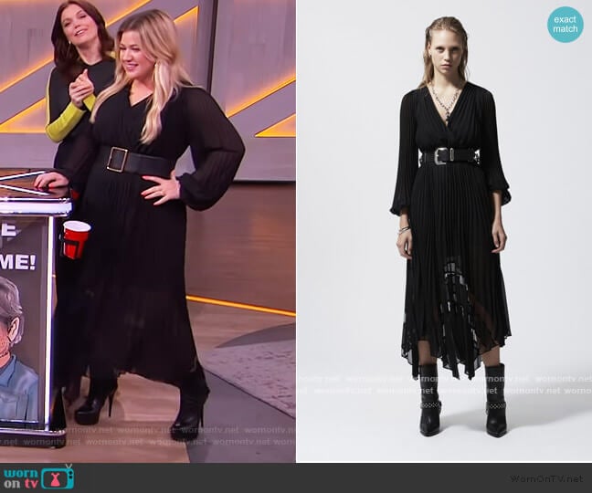 Black Long Flowing Dress with Lace Detail by The Kooples worn by Kelly Clarkson on The Kelly Clarkson Show