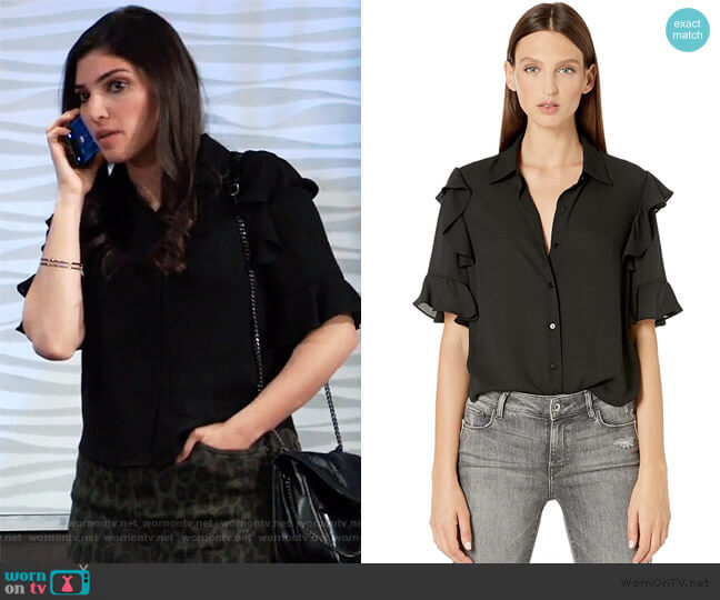 Button-Down, Short-Sleeved Top with Ruffles by The Kooples worn by Brook Lynn Quartermaine (Amanda Setton) on General Hospital