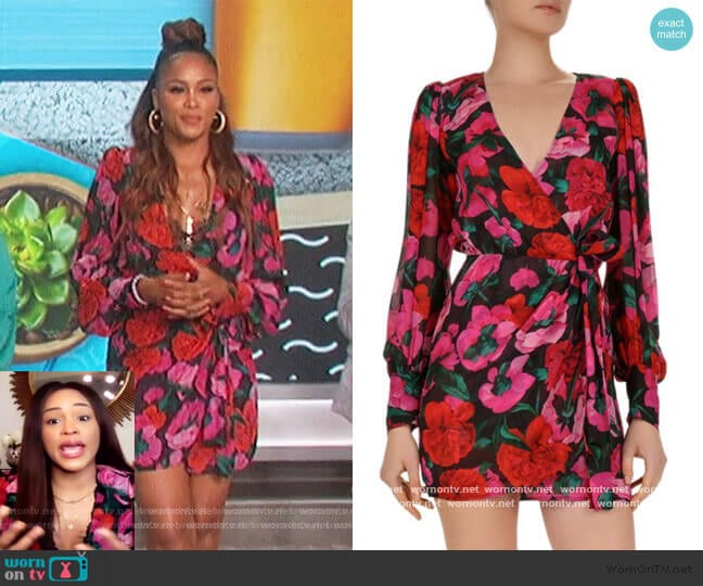 Black Silk Wrap Dress with Floral Motif by The Kooples worn by Eve on The Talk