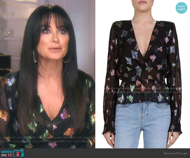 Metallic Butterfly Pattern Blouse by The Kooples worn by Kyle Richards on The Real Housewives of Beverly Hills