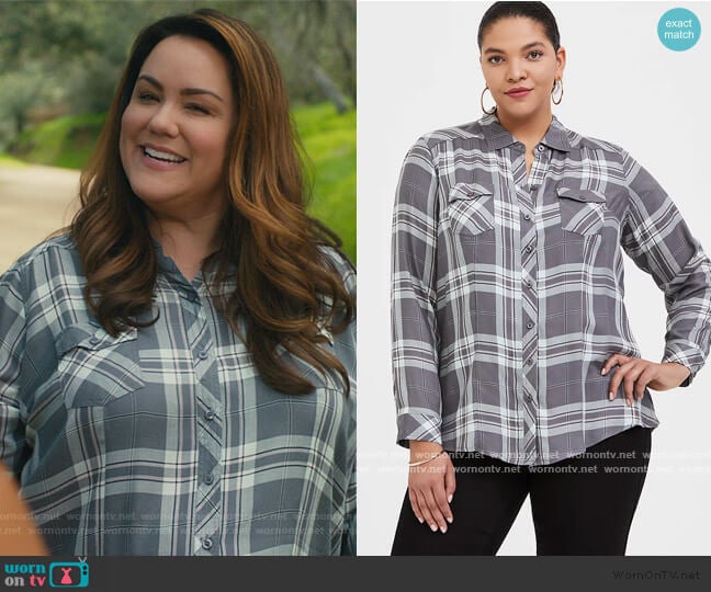 Grey Plaid Button Front Shirt by Torrid worn by Katie Otto (Katy Mixon) on American Housewife