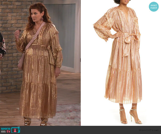 Grace’s pink metallic stripe ruffle dress on Will and Grace