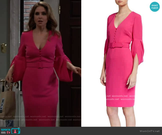 V-Neck Tulip-Sleeve Belted Sheath Dress by Badgley Mischka worn by Olivia Falconeri (Lisa Lo Cicero) on General Hospital