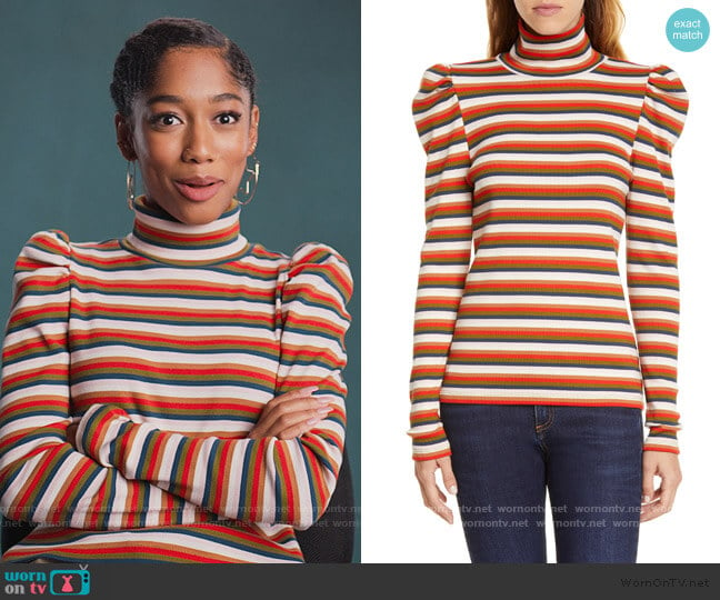 Cedar Stripe Puff Sleeve Turtleneck Top by Veronica Beard worn by Drea Barris (Iman Benson) on BlackAF