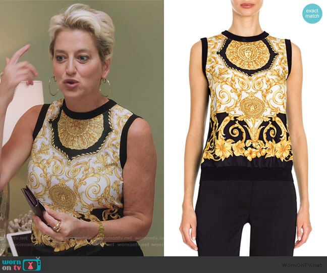 Hibiscus Print Silk Top by Versace worn by Dorinda Medley on The Real Housewives of New York City