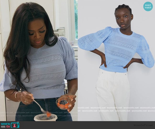 Pointelle Sweater with Puff Sleeves by Zara worn by Kenya Moore on The Real Housewives of Atlanta