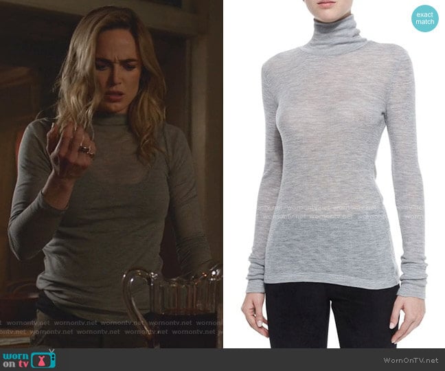 Sheer Wooly Ribbed Turtleneck by T by Alexander Wang worn by Sara Lance (Caity Lotz) on Legends of Tomorrow