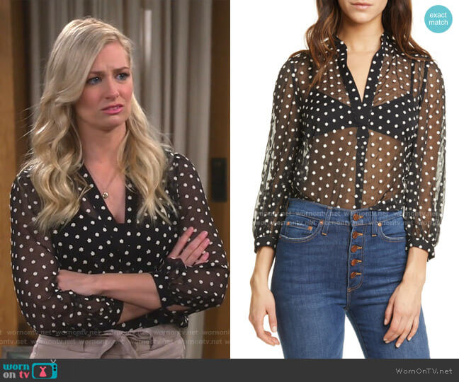 Sheila Embroidered Sheer Blouse by Alice + Olivia worn by Gemma (Beth Behrs) on The Neighborhood