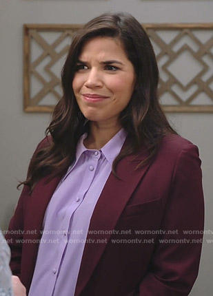 Amy's lilac button down blouse on Superstore