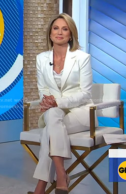 Amy’s white suit and cowl neck camisole on Good Morning America