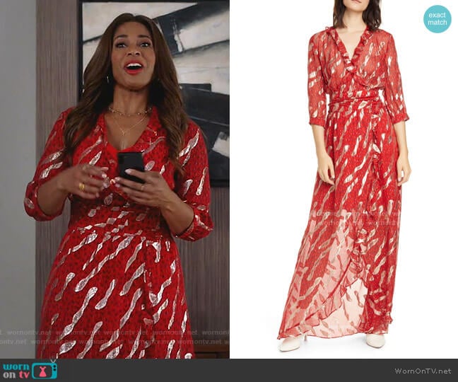 WornOnTV: Poppy’s red metallic print wrap dress on Single Parents ...