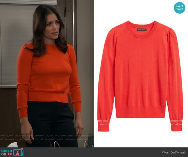 Washable Merino Puff-Sleeve Sweater by Banana Republic worn by Britt Westbourne (Kelly Thiebaud) on General Hospital