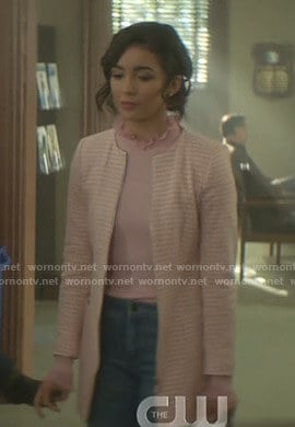 Bess's pink frilled neck sweater on Nancy Drew