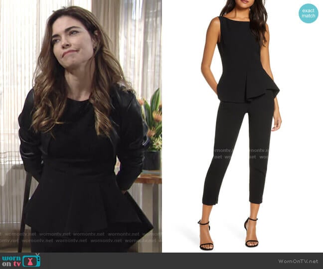 Kasia Peplum Detail Sleeveless Jumpsuit by Black Halo worn by Victoria Newman (Amelia Heinle) on The Young and the Restless