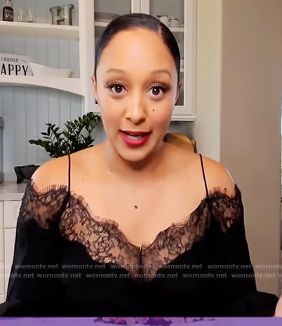 Tamera's black lace trim cold shoulder on The Real