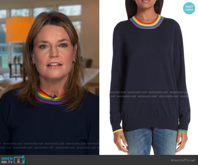 Dales Rainbow Trim Merino Wool Sweater by Burberry worn by Savannah Guthrie on Today