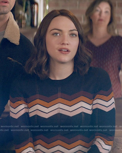 Cara's navy chevron striped sweater on God Friended Me
