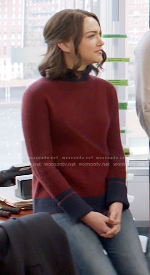 Cara's red contrast trim turtleneck sweater on God Friended Me