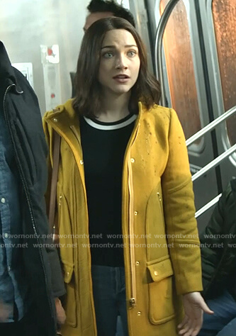 Cara's yellow hooded wool coat on God Friended Me