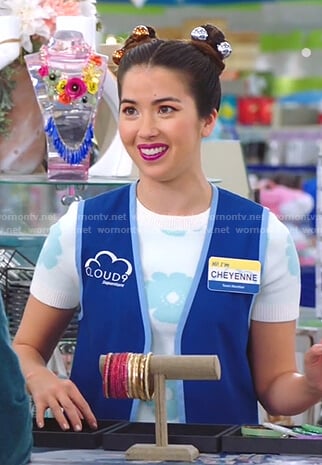 Cheyenne’s white floral knit top on Superstore