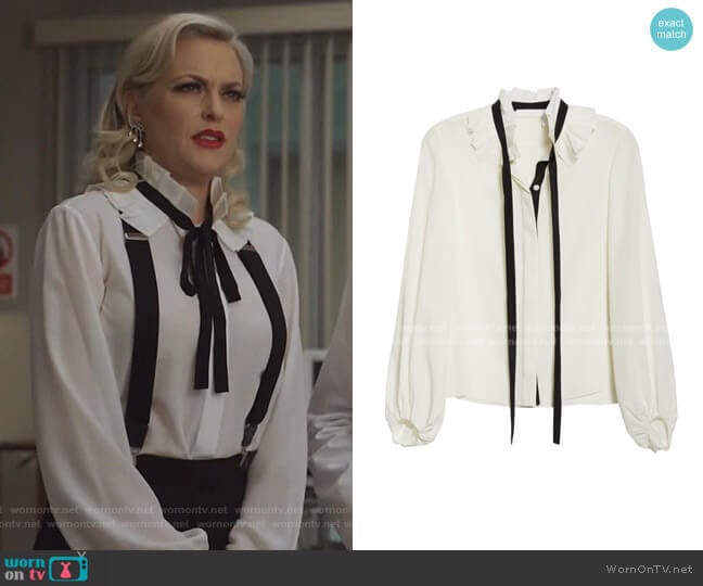 Ruffle Tie Neck Silk Blouse by Chloe worn by Alexis Carrington (Elaine Hendrix) on Dynasty