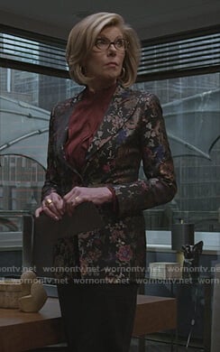 Diane's black floral blazer and ruffle blouse on The Good Fight