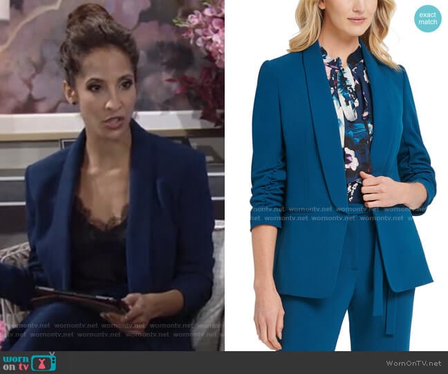 Ruched-Sleeve Open-Front Blazer by DKNY worn by Lily Winters (Christel Khalil) on The Young and the Restless