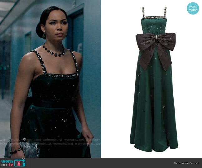 Erdem Ravenna crystal-embellished satin gown worn by Macy Vaughn (Madeleine Mantock) on Charmed